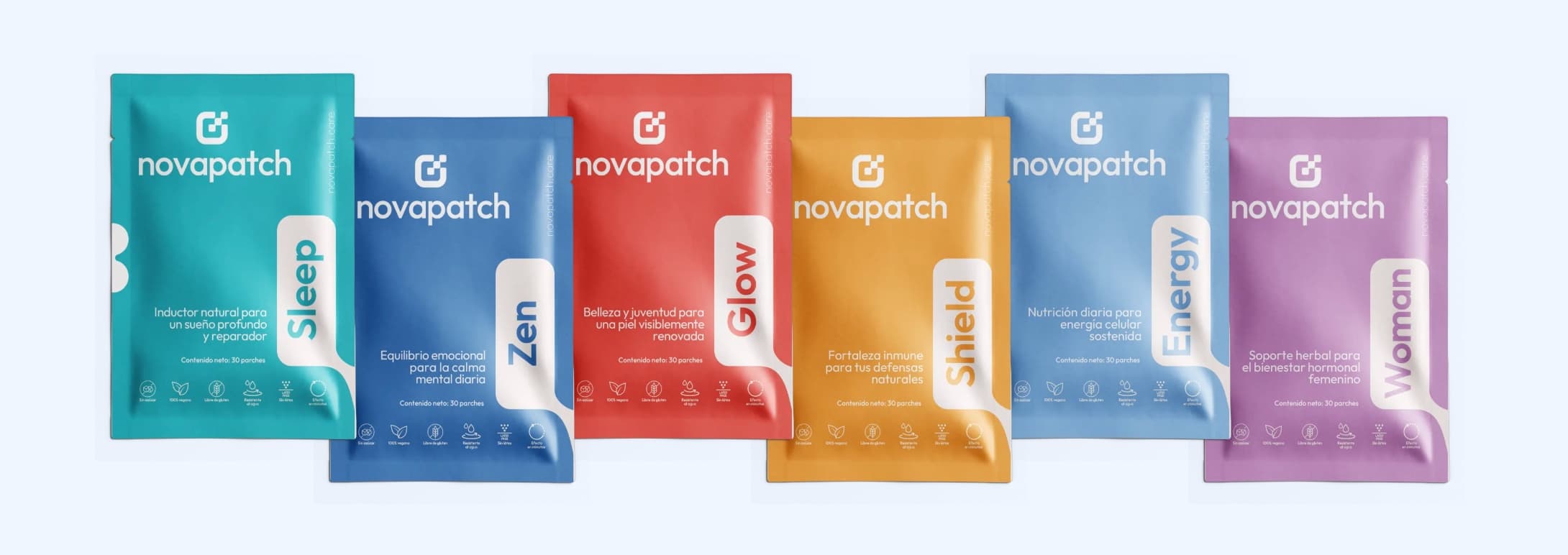 Línea de productos novapatch - Sleep, Zen, Glow, Shield, Energy y Woman